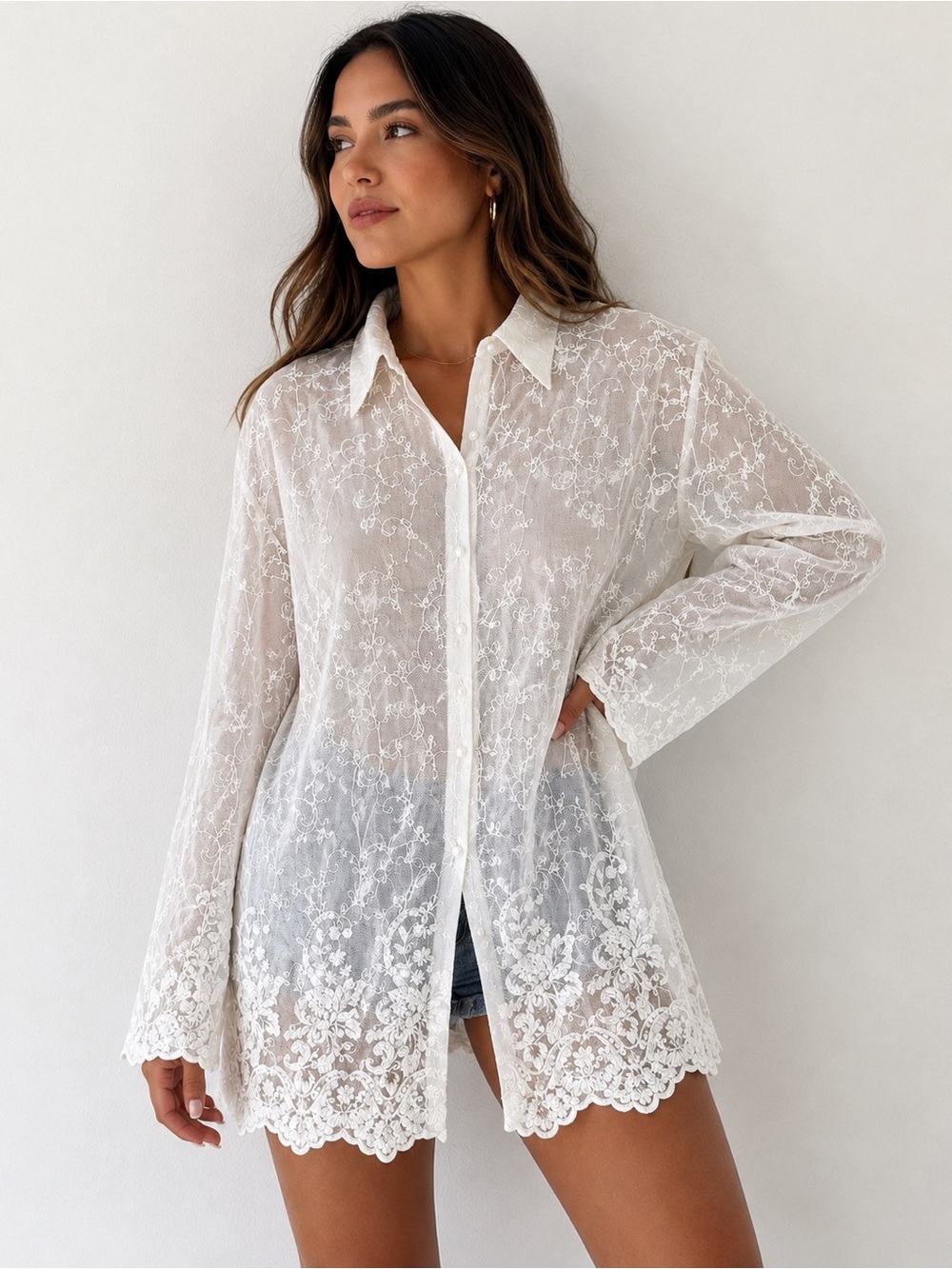 Sheer White Lace Button-Up Blouse